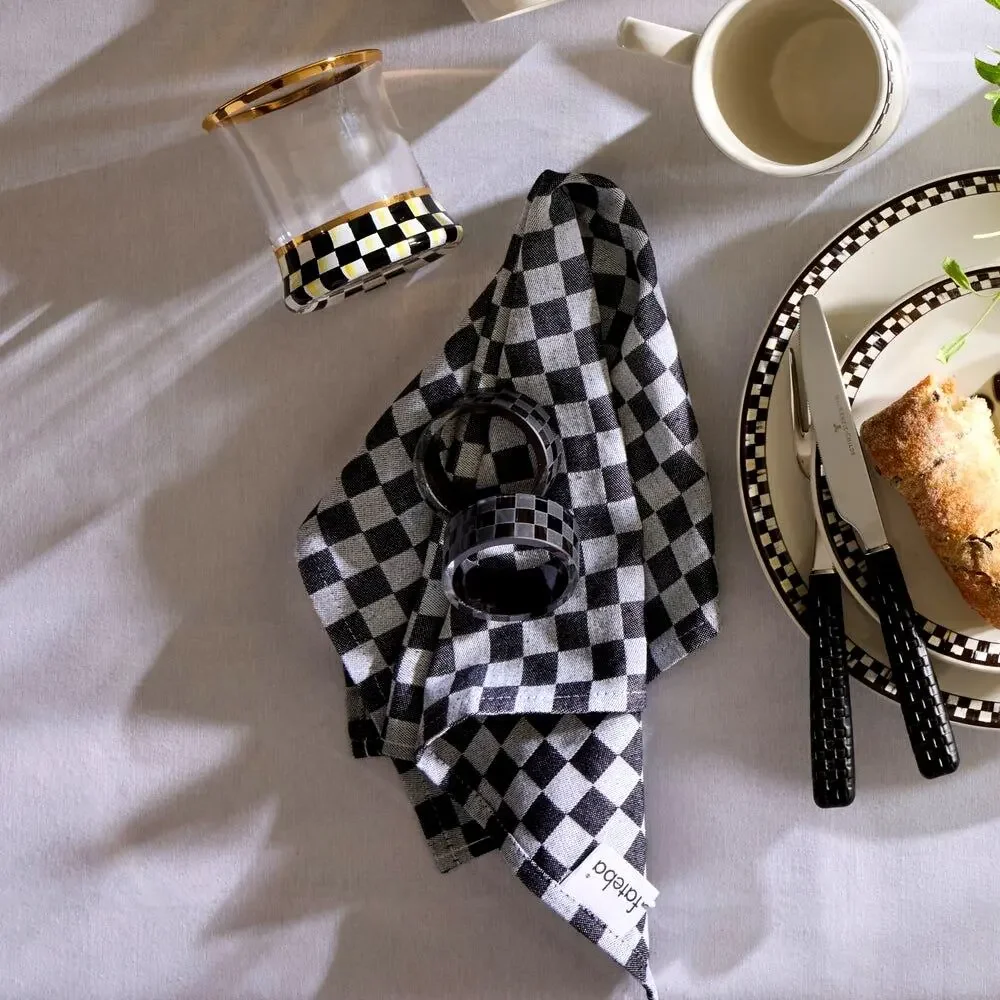 NEW Mackenzie-Childs Black Check Glass Napkin Rings, Set of 4
